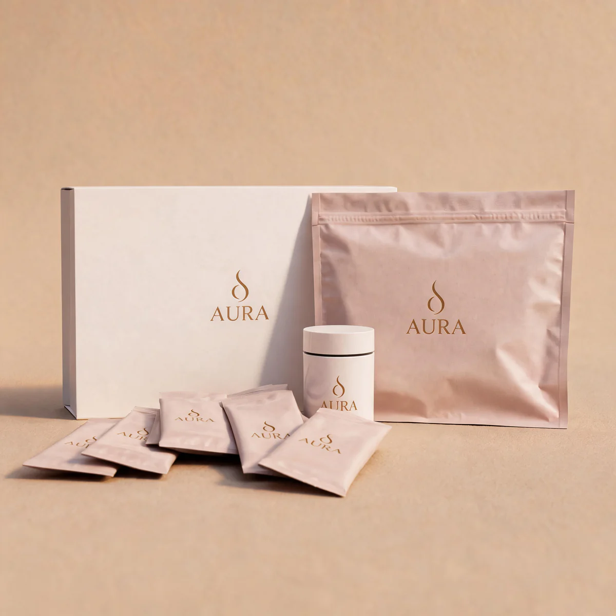 Everything you receive with AURA: ritual box, sachets, jar and refill pouch